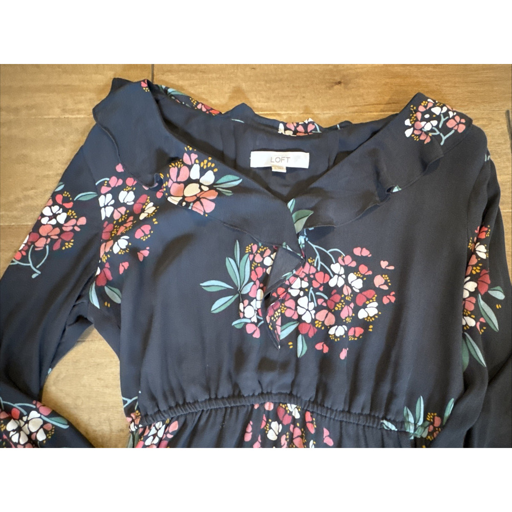 LOFT Floral Smocked Ruffle Maxi Dress Gray Long Sleeve Style 404708 Fall 2019 M - Picture 7 of 14
